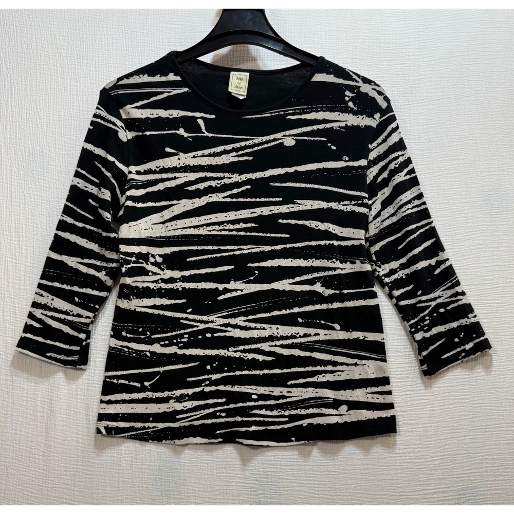 Jess & Jane Zebra Lines Top Women Sz L Black White 3/4 Sleeve Cotton Sustainable